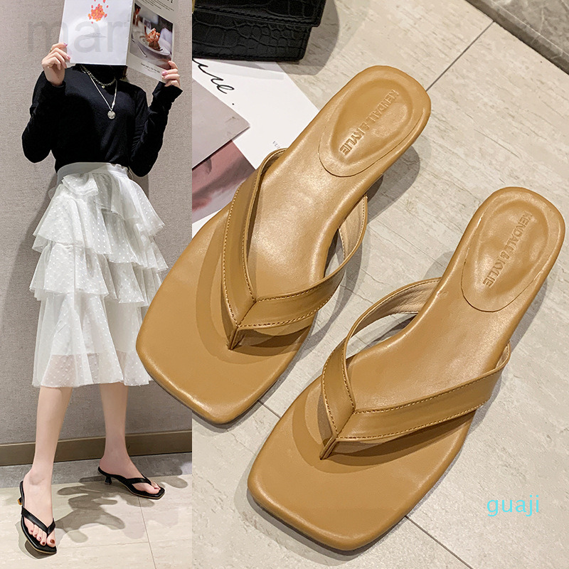 

Sandals designer Cool drag women's summer Korean clip toe square head sexy thin heel fashion temperament medium herringbone slipper, Black