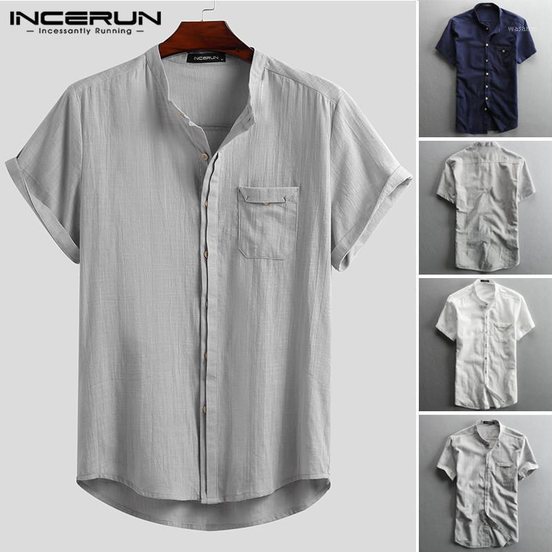 

Leisure Shirts Summer Harajuku Mens Short Sleeve Stand Collar Camisa Casual Cotton Blusas Fashion Buttons Blouse7 Men, White