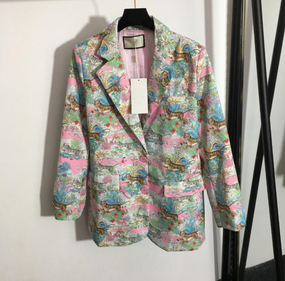 

Women' Forest Tiger Print Slim Two-Button All-match Top Suit V-Neck Jacket Pink Green 514, Customize
