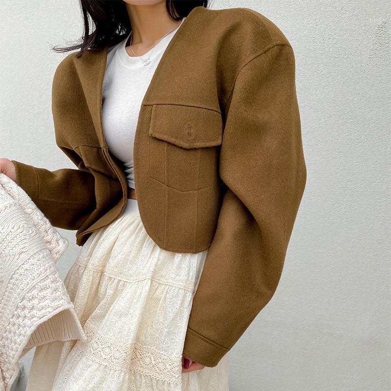 

Women's Jackets 2022 Women Jacket Short Wool Female Coat Loose Solid Outwear Vintage Casual Elegant Gentle Warm Office Lady, Black