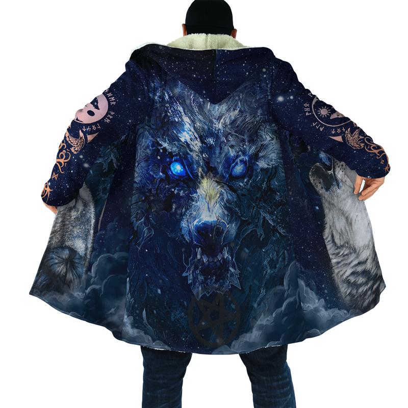 Men's Trench Coats Winter Men's Hooded Cloak Viking Wolf Tattoo 3D Printing Fleece Windbreaker Unisex Casual Thickening Warm CloakMen�