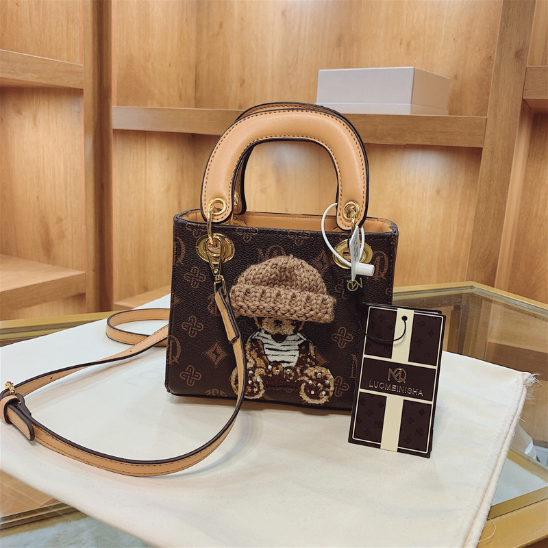 

Wholesale factory ladies messenger bags this year's popular printed handbags sweet cute cartoon embroidered handbag street trend contrast leather shoulder bag, Coffee-6032