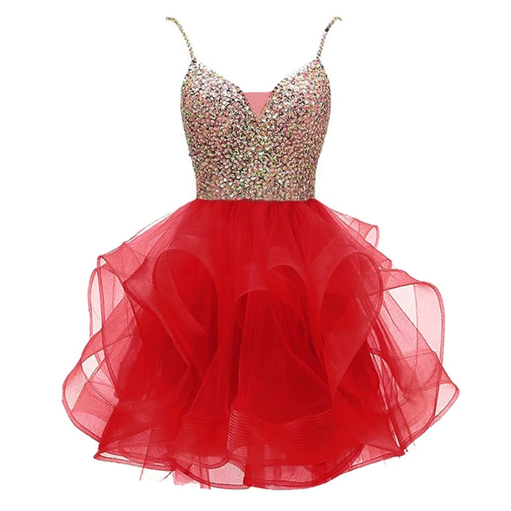 

Homecoming Dresses Organza V-Neck Spaghetti Straps Lace Short Graudation Cocktail Prom Party Gown A05, Yellow