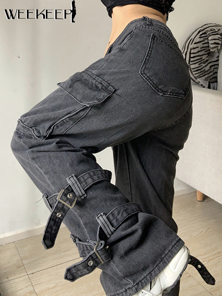 

Weekeep Punk Basic Jeans Women Baggy High Waist Straight Denim Cargo Pants Boyfriend Style Streetwear Trousers Harajuku Mom Jean 220813, Black
