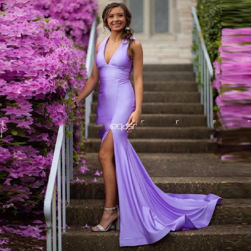 

Lilac Satin Long Prom Dresses Mermaid High Side Slit Evening Elegant V Neck Court Train Women Formal Party Gowns, Light purple