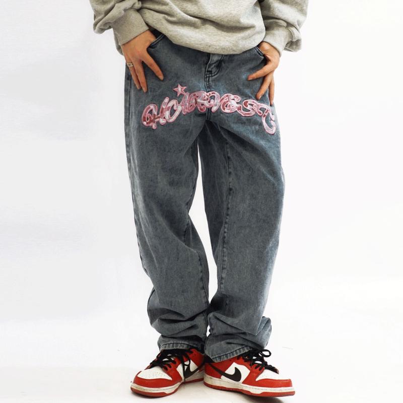 

Men's Jeans Hip Hop Letter Star Embroidery Washed Distressed Men Streetwear Loose Straight Trouser Harajuku Fashion Casual Denim Pants, Black
