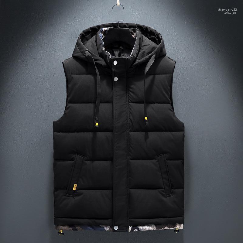 

Men's Vests 2022 Winter Camouflage Vest Men Both Side Wear Thicken Warm Cotton-padded Hooded Solid Color Big Pockets Waistcoat 4XL 5XL 6XL S, 9855 black
