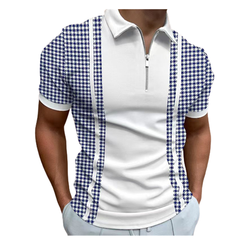 

Fashion Stripe Splice Print Golf Polos T-shirts For Men Slim Fit Zipper Lapel Design Short Sleeve Casual Zip Up Polo T Shirts PLS
