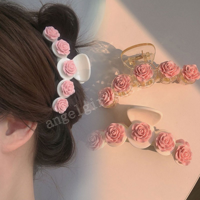 

Rose Flower Large Barrettes Clmaps Women Girls Simple All-match Hair Clip Sweet Small Fresh Pink Flowers Hair Claws, Mixed color