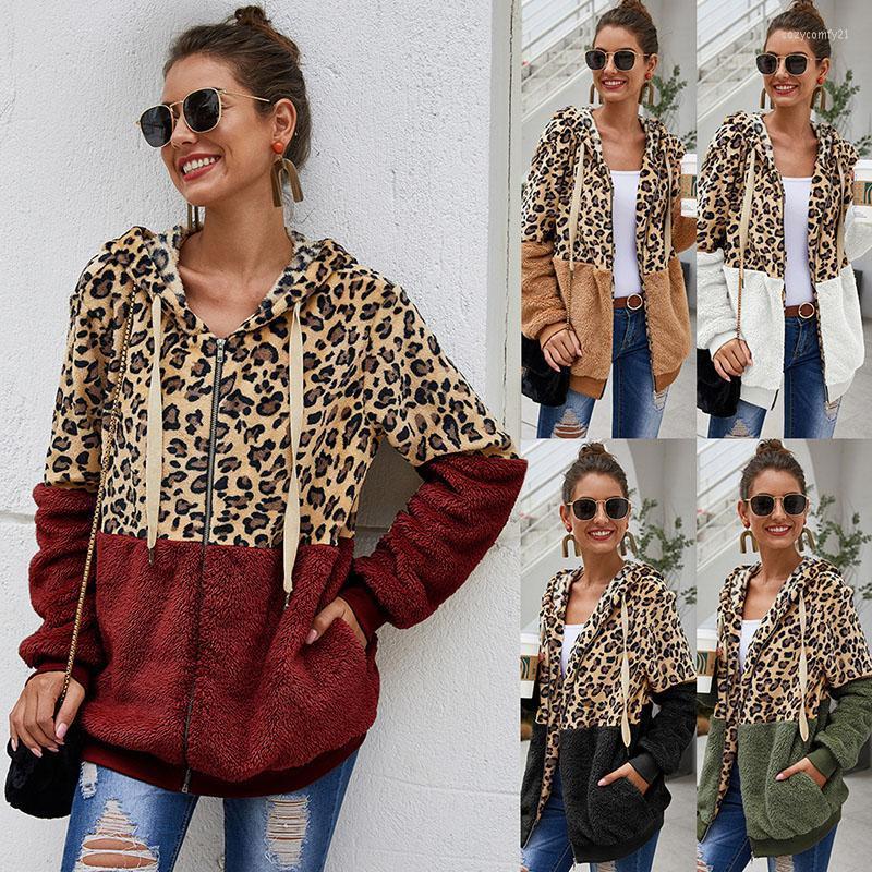 

Women' Jackets 2022 Fashion Hooded Drawstring Zipper Outerwear Casual Loose Leopard Print Patchwork Pockets Ladies Coat, Army green
