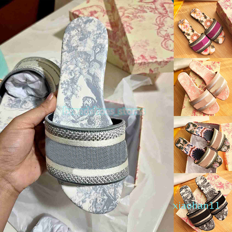 

Womens Sandals Slippers Embroidery Designers Slides Sandal Floral Brocade Flip Flops Striped Beach Leather Rubber Flower Slipper Loafers, #42