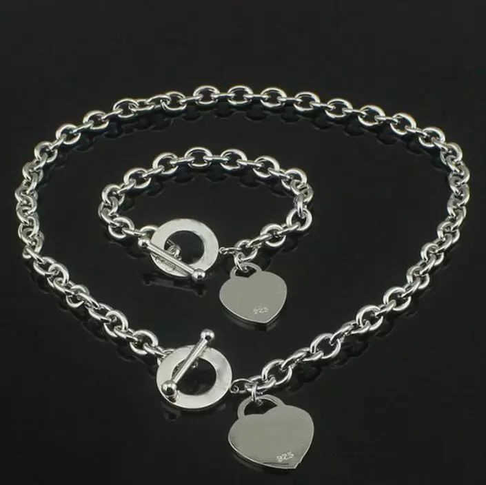 

Luxury Designer Sterling Silver Heart Bangle Necklaces +Bracelet Set T Shape Original Fashion Classic Bracelet Women Jewelry Gift with box