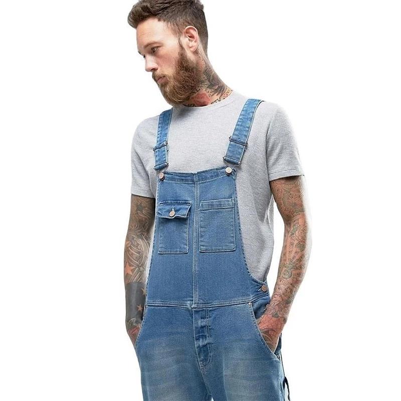 

Men' Jeans Europe America Style Est Overalls Jumpsuits Denim Pants Mens Dungarees Bib Pockets Rompers Baggy Trousers FashionMen, Blue