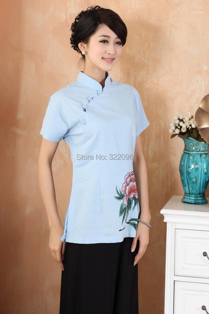 

Shanghai Story Arrival Mandarin Collar Traditional Chinese Tops For Women Linen Top Flower Print Blouses Women' & Shirts, Blue