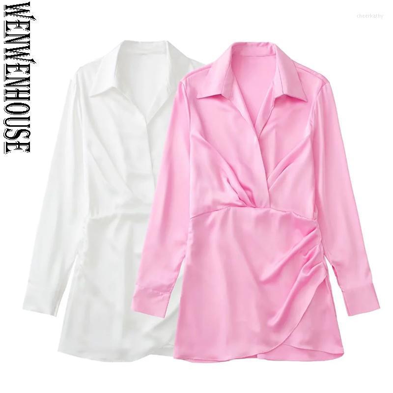 

Women's Blouses & Shirts Wenwenhouse Women Fashion Pleated Soft Touch Wrap Mini Dress Vintage Long Sleeve Side Buttons Female Dresses Vestid, White