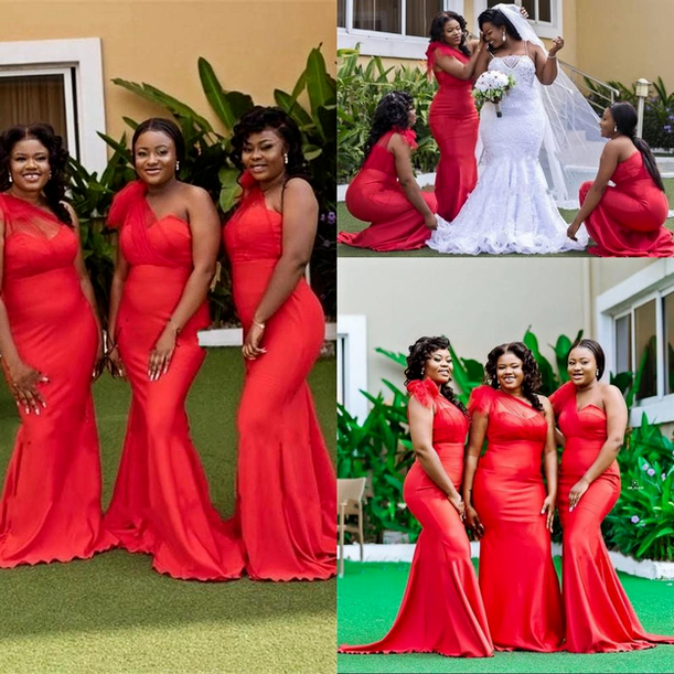 

2022 African Red One Shoulder Mermaid Bridesmaid Dresses Draped Sweep Train Garden Country Wedding Guest Gowns Maid of Honor Dress Plus Size Floor Length C0407