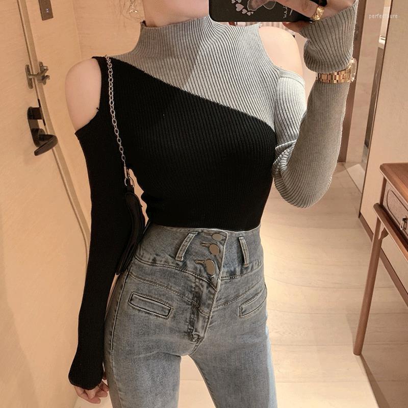 

Women' Sweaters Sexy Knitted Sweater Off Shoulder Pullovers For Women Long Sleeve Turtleneck Female Jumper Black Clothing E357Women' Perf2, Gray