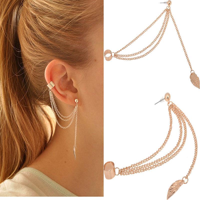 

Clip-on & Screw Back Fashion Personality Metal Ear Clip Single Leaf Tassel Earrings Cuff Women And Girls Caught In The Cuffs Jewelry