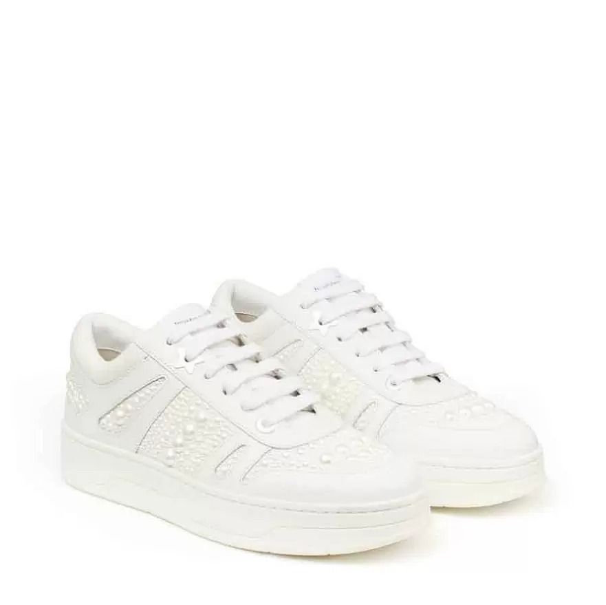 

HAWAII/F White Black Pink Calf Leather Canvas Sneakers Shoes Low Top Pearl Embellishment Trainers Excellent Brand Men Footwear EU35-40