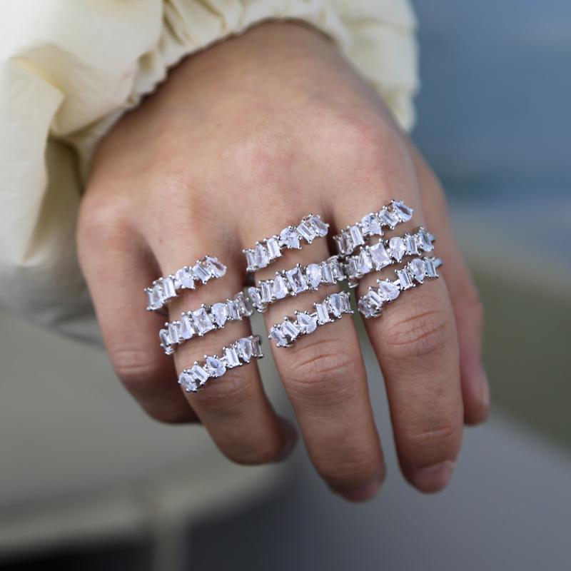 

Cluster Rings Fashion Women Ladies Charm Open Adjustable Multi Wrap Baguette Sparking Bling Clear Cz Paved Finger Engagement JewelryCluster