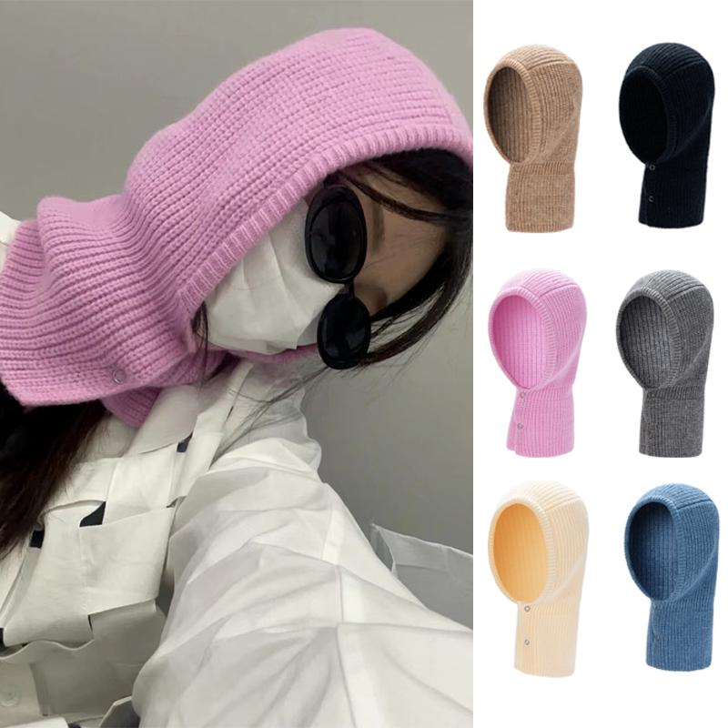 

Berets Korea Fashion Knit Dual-Use Scarf Hooded Hat Set Winter Wool Women Balaclava Neck Face Protect Design Beanie Mask Collar Cap, Black
