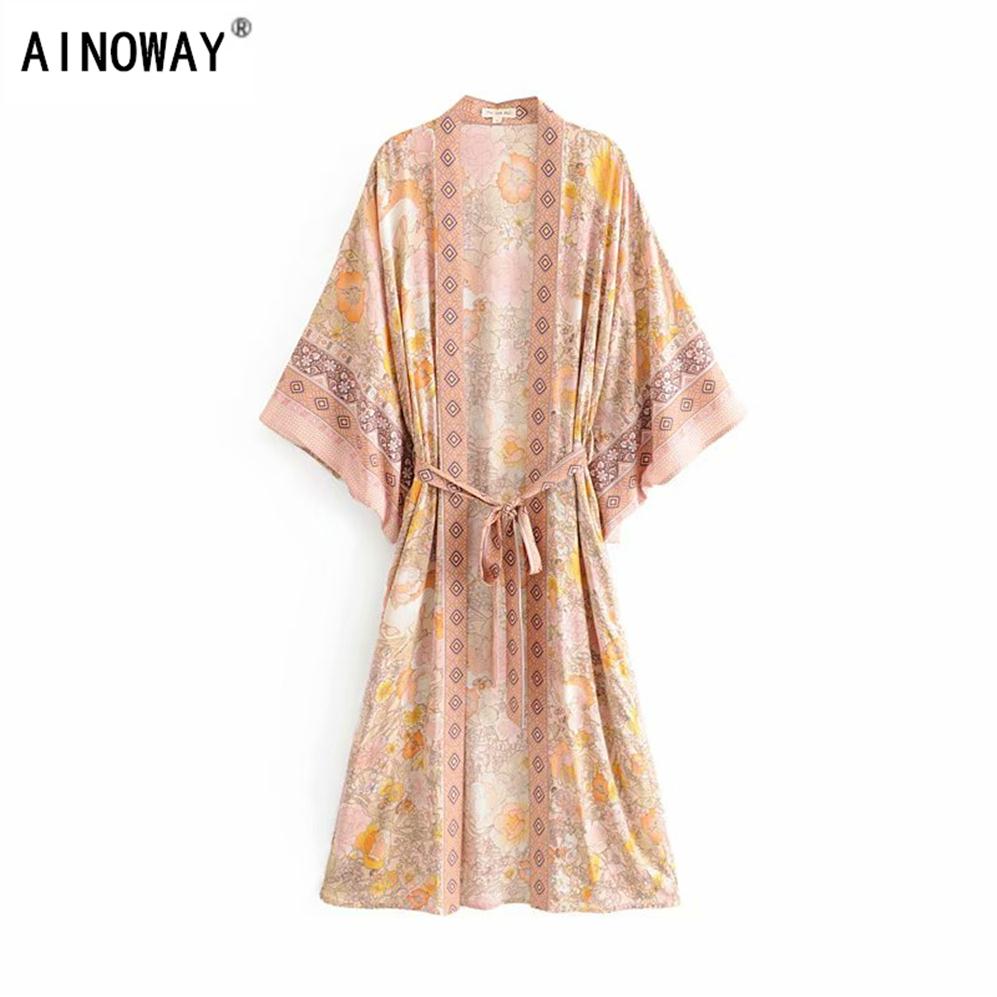 

Vintage chic Women horse Floral Print Sashes bohemian Kimono Ladies V Neck batwing Sleeves Boho Maxi dress robe T200321232n, As picture