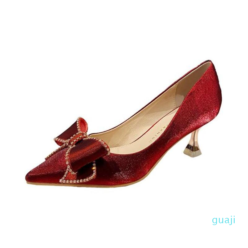 

Dress Shoes High-heeled Women Spring Butterfly Wedding Bridal Red Lady Silk, Black