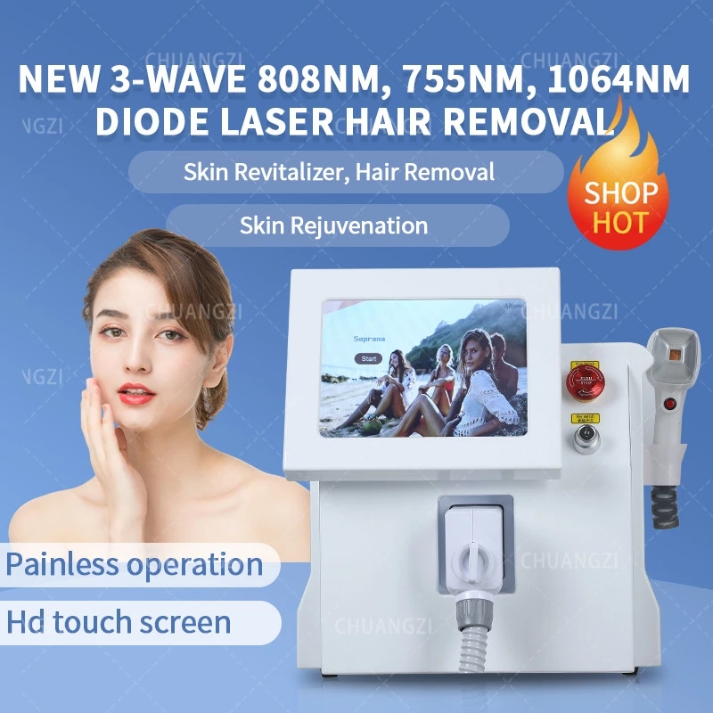 

2022 Newest 3 Diode Laser CE Wavelength Ice Platinum Hair Removal 755nm 808nm 1064nmTitanium 808