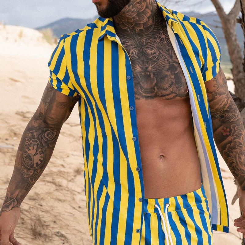 

Men's Casual Shirts Summer Trade Europe And The United States Men's Leisure Short Sleeve Printed Stripe Shirt Hawaii Holiday ShirtMen's