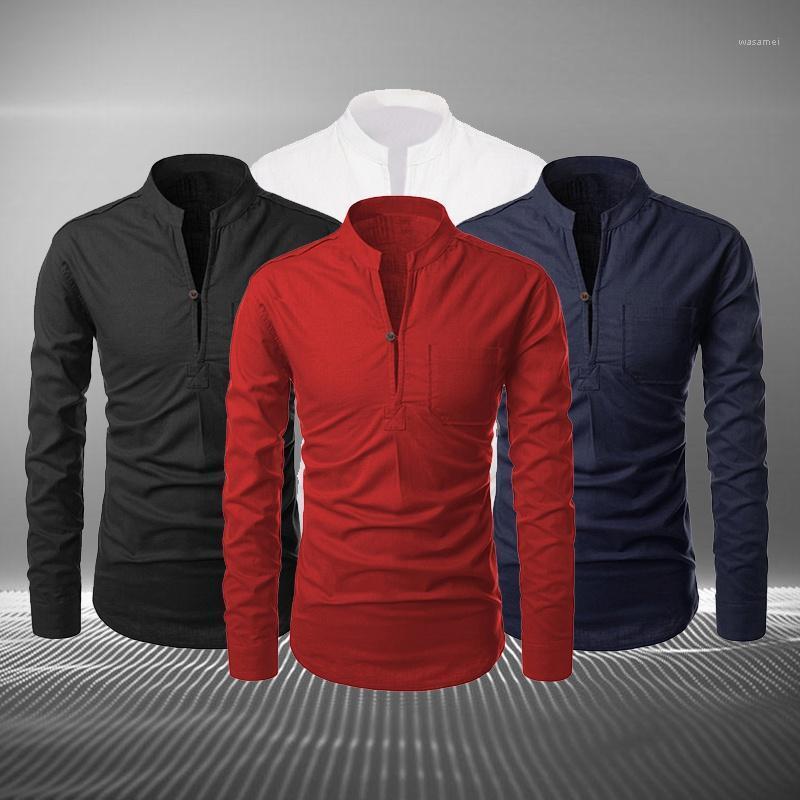 

Men's Casual Shirts Men Autumn Spring Summer Winter Stand Collar Business Solid Color Long Sleeve Shirt V-neck Male T-shirt Tops, Cl1876 red