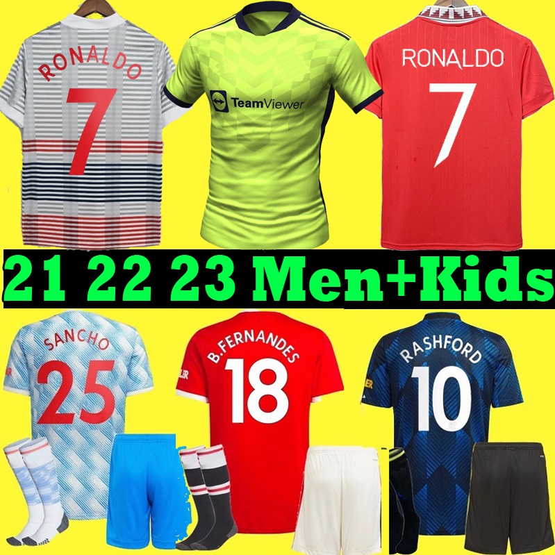 

RONALDO 21 22 23 SANCHO Manchester soccer jerseys UNITED Fans Player version MAN BRUNO FERNANDES POGBA RASHFORD football shirt UTD 2021 2022 men kids kit sets, Away kit