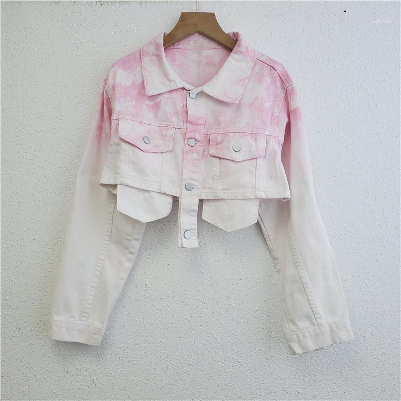 

Women' Jackets 2022 Spring Tie-dye Print Women Ultra Short Denim Jacket Single-breasted Long Sleeve Green Pink Khaki Jaqueta Jeans Feminina