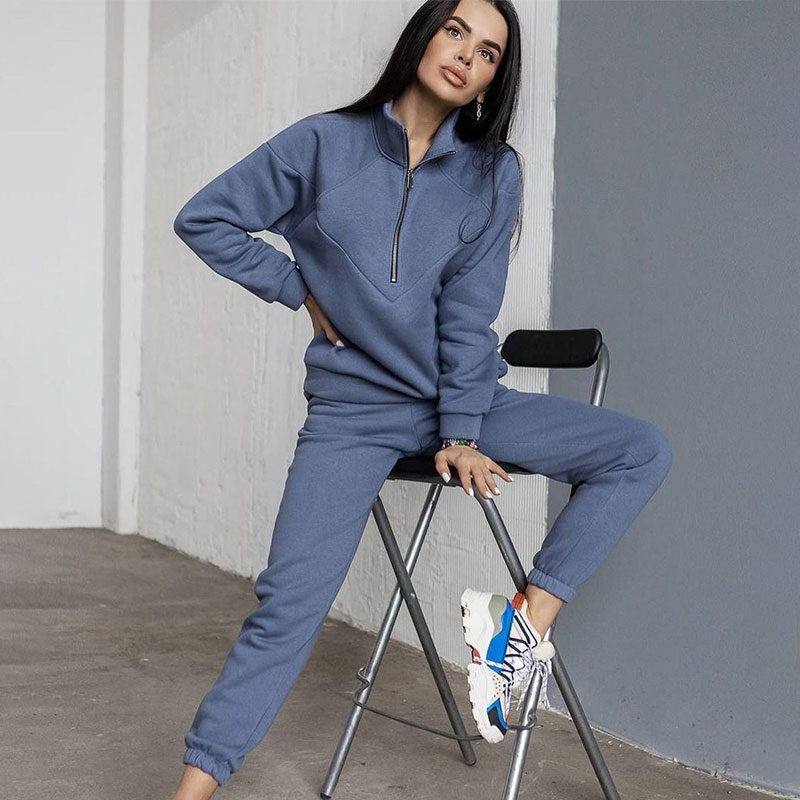 

Women' Tracksuits Autumn Casual Sweatshirt Two Piece Set Women Solid Long Sleeve Zip Top Fleece Pinch Leg Pant Suits Fashion Lady Outfit, White