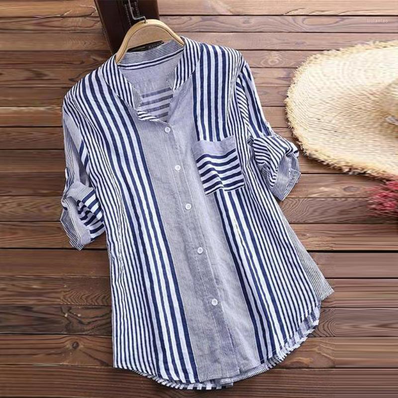 

Women's Blouses & Shirts CHAMSGEND Plus Size Blouse Women Vintage Striped Print Three Quarter Sleeve Loose Fit Top Blusas Mujer De Moda 2022, Black
