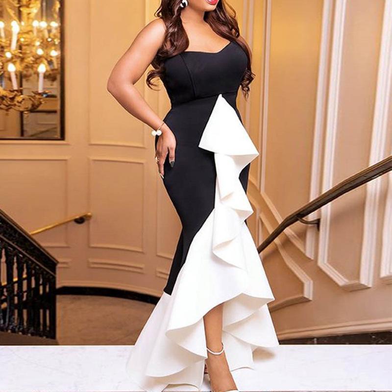 

Casual Dresses Women Ruffle Dress Long Party Sexy Patchwork Black White Tight Elegant Celebrate Dinner Evening Maxi Bodycon RobeCasual