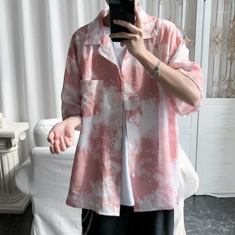 

Pink/Blue Men Shirts Fashion Printed Men's Casual Lapel Pocket Mens Clothing Streetwear Short-sleeved Shirt Top Blouse 5XL