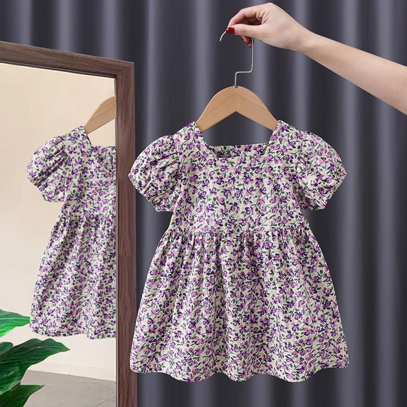 

Girl's Dresses Summer Dress For Kids Girls Ruched Floral Puff Short Sleeve Cotton 1-8Y Baby Wear Clothing Bohemian Princess DressGirl's, Blue
