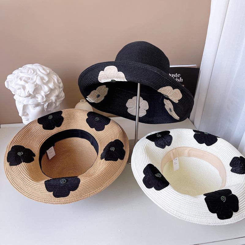 

Wide Brim Hats High Quality Sewing Flowers Straw Hat For Women Big Summer Beach Ladies Top Sun UV Protection Out, White