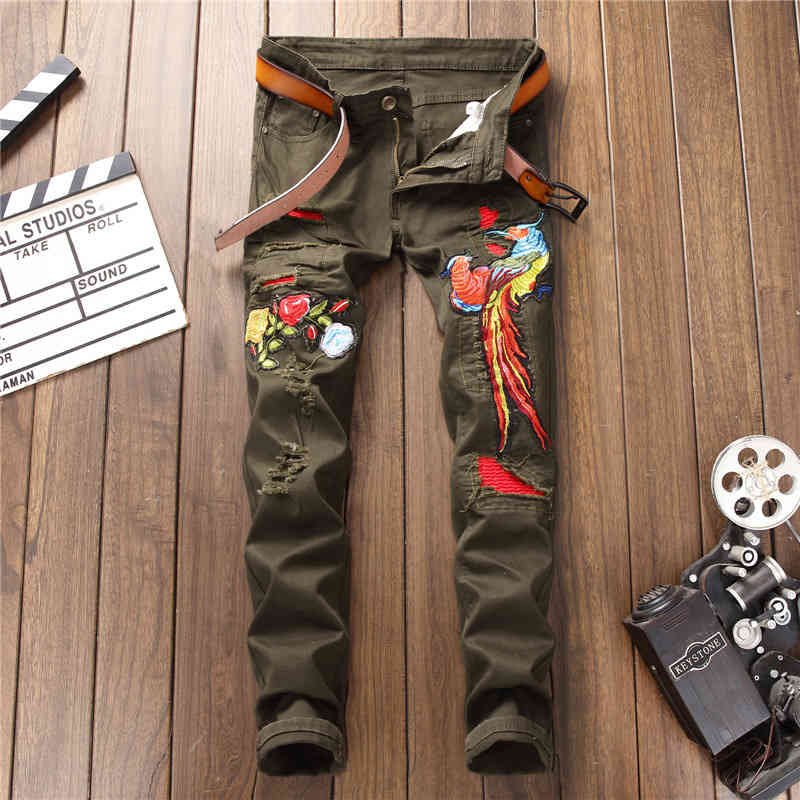 

Design new style fashion trendy men's slim embroidered army green phoenix jeans