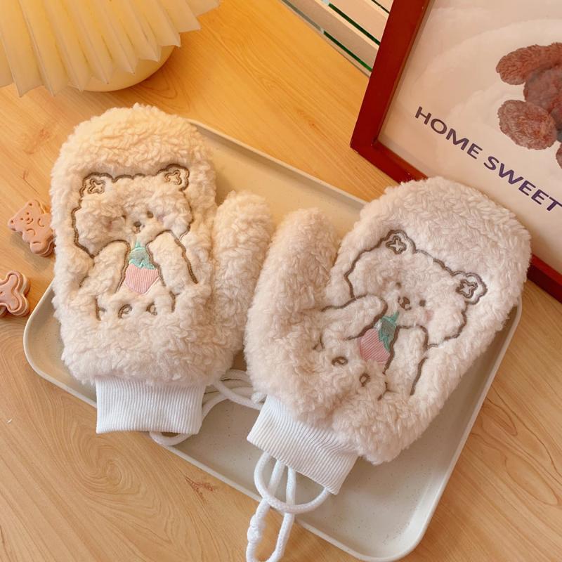 

Five Fingers Gloves Ins Cute Woman Winter Plush Kawaii Bear Thickening Warm Student Girl Outdoor Riding Full Mittens Glove Trend