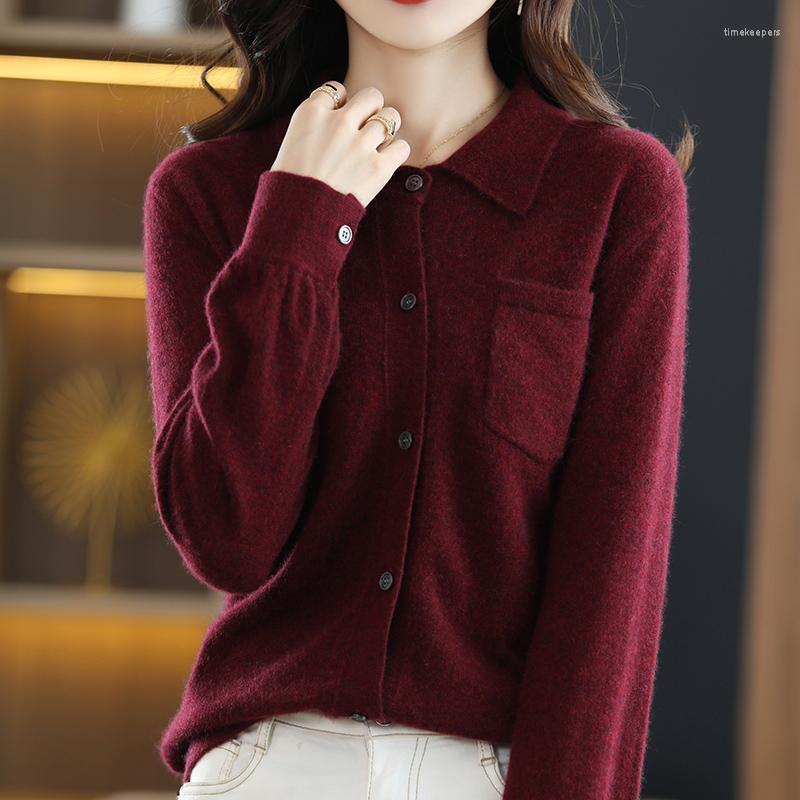 

Women's Knits & Tees Pure Wool Korean Style Turn-down Collar Knitted Sweaters Women Cardigan With Pocket Fashion Casual Long Sleeve Shi, Green