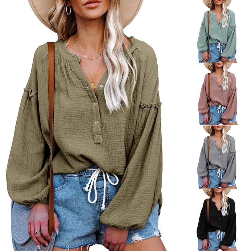 

Women' Blouses & Shirts Spring Autumn Women Tops Fashion Casual Loose V-neck Lantern Sleeve Cotton Shirt Pullover Top Office Lady ClothesWo, Army green