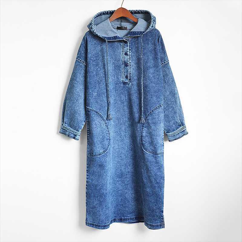 

Casual Dresses Autumn Spring Korean European Style Plus Size Dress Women Fashion Sexy Loose Hooded Long Sleeve Medium Denim, Blue