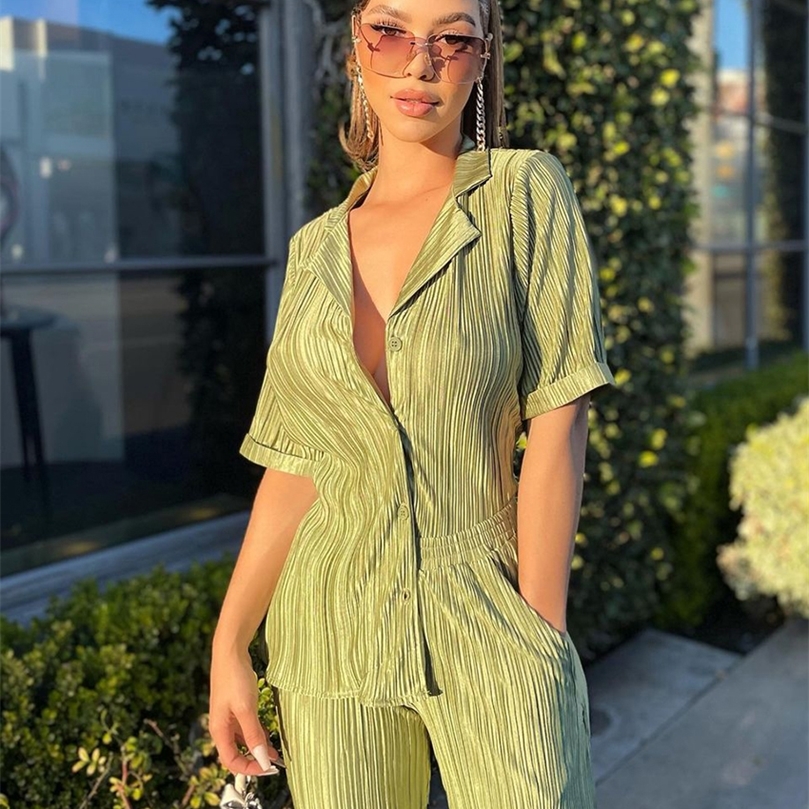 

Clacive Summer Short Sleeve Shirts Set Woman 2 Pieces Sexy Green Pleated Trouser Suits Female Casual High Waist Wide Pants Set 220610, Pink
