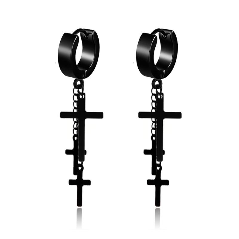 

Stud Black Silver Color Titanium Steel 3 Cross Tassel Earrings For Men Punk Jewelry Drop