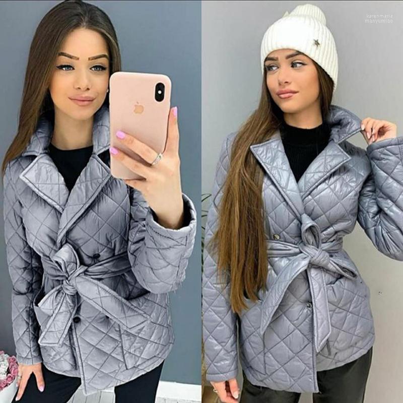 

Women's Down & Parkas AGong Solid Notched Women Fashion Tie Belt Double Breasted Coats Elegant Lightweight Cotton Jackets Female Ladies Kare, Gray