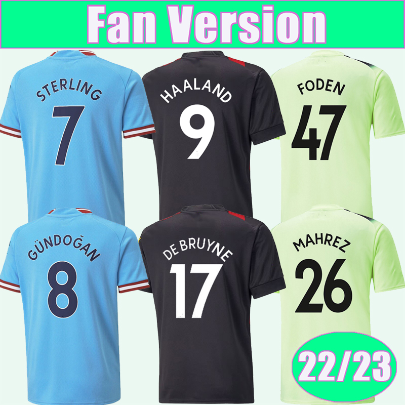 

22 23 STERLING DE BRUYNE Mens Soccer Jerseys RODRIGO BERNARDO FERNANDINHO MENDY FODEN Home Blue Away White 3rd Football Shirts Short Sleeve Uniforms, Qm1736 21 22 away no patch