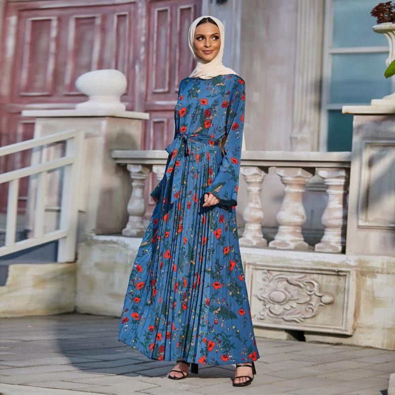 

Casual Dresses Printed Dress Eid Mubarak Robe Turkey Muslim Hijab Kaftan Islam Clothing African Women Long Skirt Pleated SkirtCasual, Blue