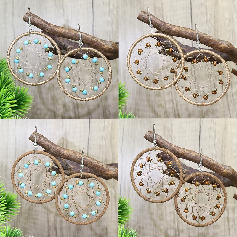 

Dream Big Circle Earrings Female Design Winding Woven Dream Net Pine Stone Bead