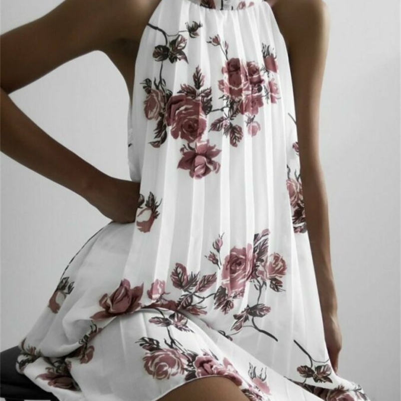 

Women Sleeveless Summer Boho Printed Beach Casual Loose Mini Shirt Dress 226014, White
